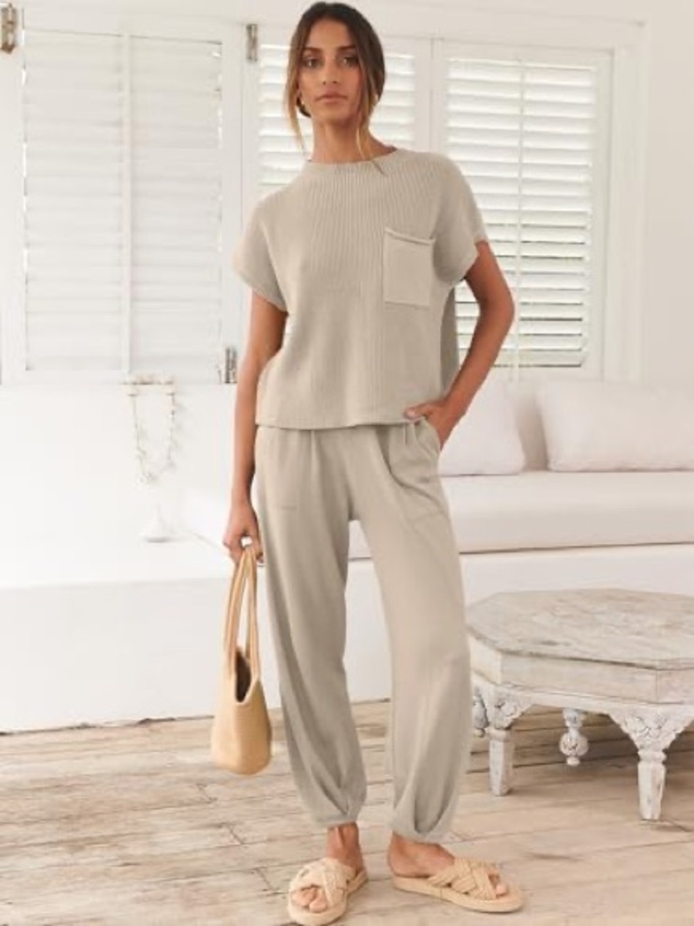Casual Elastic-Waist Jogger Pants in Light Taupe